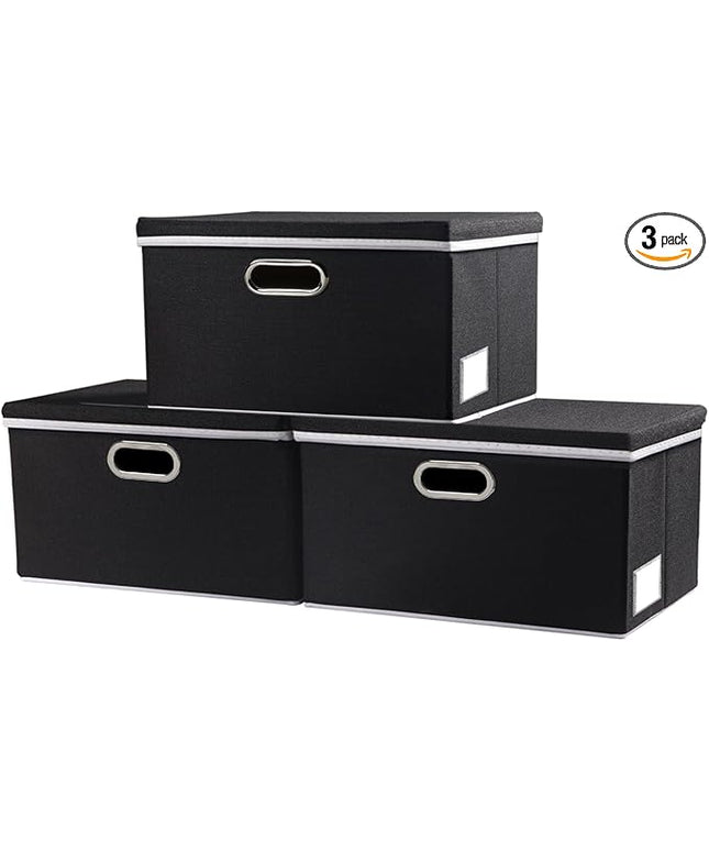 PRANDOM Storage Boxes with Lids [3-Pack] Fabric Collapsible Storage Bins Organizer Containers Baskets Cube with Cover for Home Bedroom Closet Office Nursery Black（11.4X8.6X6.7