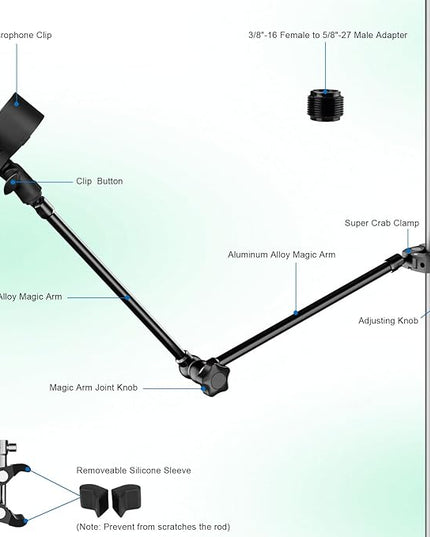 Mippko Microphone Stand Holder,21.5" Long Flexible Adjustable Magic Arm Super Crab Clamp Mic Clip 3/8"-16 to 5/8"-27 Adapter Mount,Compatible with Shure/Fifine /AT2020 /Pyle/Blue Snowball/Razer