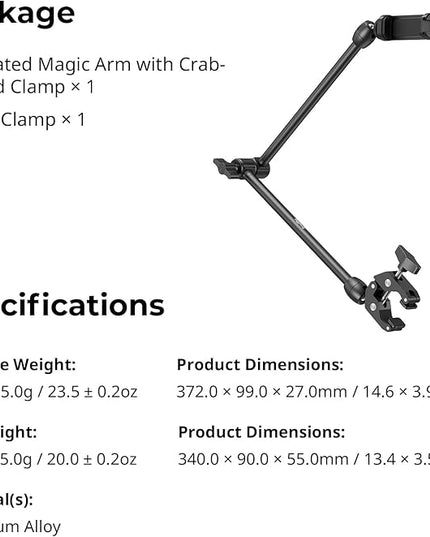 SMALLRIG Desktop Magic Arm Support with Crab-Shaped Clamp Kit, Aluminum Alloy, 24.3x4.5x1.1 in, 0.6lb Payload, for Smartphones, Webcams, Action Cameras, 5624