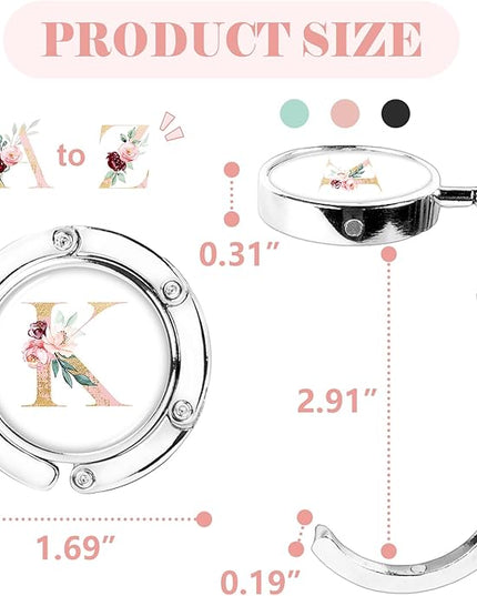 3pcs Personalized Initial Foldable Purse Hook for Table, Flower Letter Folding Handbag Hanger Portable Magnet Table Hook Holder, Collection Desk Purse Hooks for Women Bag (Pink-K)