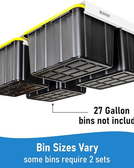 HandT USA Based Overhead Garage Storage Rack, Ceiling Tote Bin Organization Rails Shelving Racks System, Heavy Duty Hanging Metal Rack Systems for 27 Gallon Container, Supports Most Bins, 4 Sets White