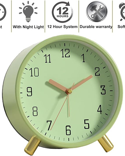 SHISEDECO Alarm Clock with Backlight, 4.5 inches Bedside Analog Non-Ticking Silent Small Deskclock with Arabic Numerals, Battery Operated Round Tableclock for Living Room, Bedroom (Green)