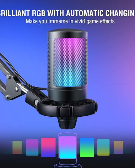 FIFINE Gaming PC USB Microphone, Podcast Condenser Mic with Boom Arm, Pop Filter, Mute Button for Streaming, Twitch, Online Chat, RGB Computer Mic for PS4/5 PC Gamer Youtuber-AmpliGame A6T