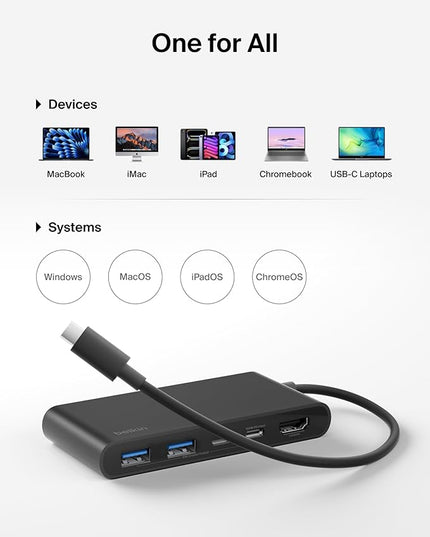 Belkin USB C Hub, 5-Port Hub w/ 4K HDMI Display @ 60Hz, 100W Power Delivery, Fast Data Transfer 5Gbps, USB C Multiport Adapter for MacBook, iPad Pro, Chromebook, & More - Upgraded HDMI 2.0