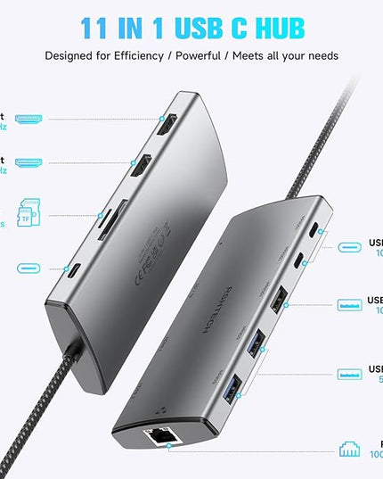 USB C Docking Station Dual Monitor, RSHTECH 11-in-1 USB C Hub Multiport Adapter with 2 HDMI 4K/8K, 3 USB 3.2 Ports 10Gbps(2C+1A), 2 USB 3.0 Ports, 100W PD, Gigabit Ethernet, SD/TF Card Reader