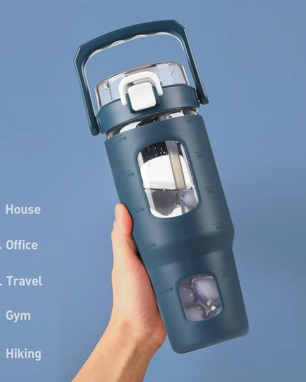 BLUEGO 32oz Glass Tumbler with Lid and Handle, Iced Coffee Cup with Straws, Glass Water Bottle with Silicone Sleeve and Volume, Marker Glass Cup with Time Marking, BPA Free, Dark Blue