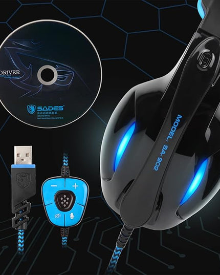 SADES SA902 Stereo Gaming Headset 7.1 USB Surround Sound PC Headsets Over-Ear Gaming Headphones with Microphone LED Light Black Blue
