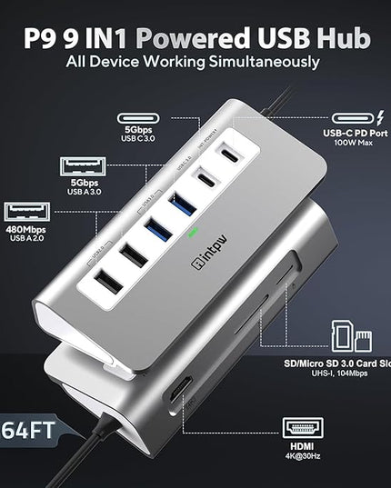 P9 USB C Hub, intpw 9-in-1 USB C Hub Multiport Adapter with 4K HDMI, PD 100W, Type-C & 2 USB A 3.0 5Gbps, 2 USB A 2.0, SD/TF Card Reader, Aluminum USB Hub for Laptop, iPhone 17 Series, MacBook, iPad