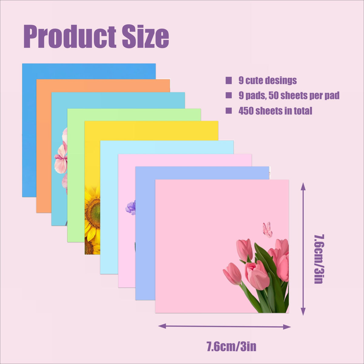 9 Pads Cute Sticky Notes Set, 3" x 3" Flower Self Stick Notepads, Funny Notes Set, Flower Stationery, Kawaii Adhesive Memo Pads, Flower Lover Gifts, Office Decor Desk Accessories, School Supplies