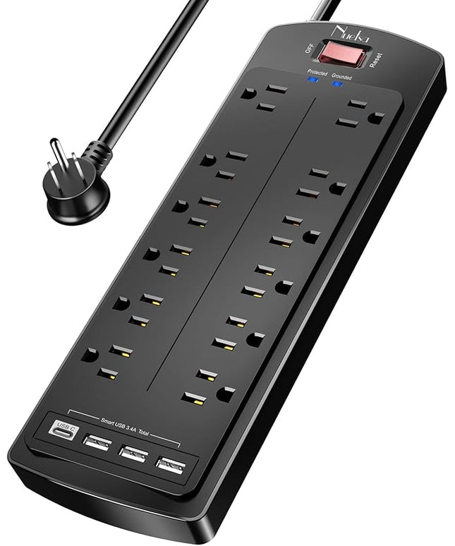 Power Strip, Nuetsa Surge Protector with 12 Outlets and 4 USB Ports, 6 Feet Flat Plug Extension Cord (1875W/15A) for for Home, Office, Dorm Essentials, 2700 Joules, ETL Listed (Black)