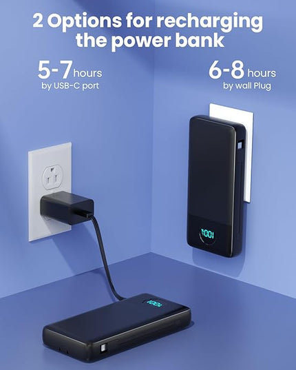 Portable Charger 33800mAh USB C Power Bank with Built-in Cables & AC Wall Plug,25W Fast Charging+QC 4.0 Phone Charger,4 Output Travel Essentials Battery Pack for iPhone16/15/14/13,Samsung,Android etc