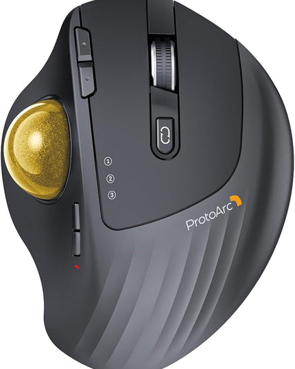ProtoArc Wireless Trackball Mouse, EM01 NL Ergonomic Bluetooth Rollerball Thumb Rechargeable Computer Laptop Mouse, Adjustable Angle & 3 Device Connection for PC, Mac, Windows-Gold Ball