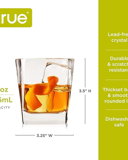 TRUE Square Rocks Glass, Old Fashioned Whiskey Glasses, Superb Drinking Cups for Cocktail Party, Home Bar, Bartender Accessories, Set of 4, 10 oz