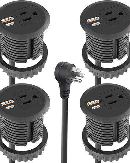 4pcs Desktop Power Grommet,2-inch Hole,20W USB C Fast Charging,2-USB Port,Flush Mount,Flat Plug,6.4 ft Cord,Black