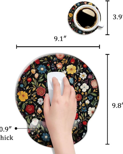 Ergo Comfort Gel Wrist Rest Mouse Pad-Ergonomic Office Mousepad with Wrist Support-Non-Slip, Design Desk Accessories Mat for Home&Game Decor Black Floral