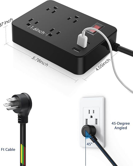 Outdoor Power Strip Weatherproof,Waterproof Surge Protector with 4 Outlets,3 USB,Shockproof Overload Protection, Multi Outlet Extension for Camping, Garden, Kitchen, Bathroom, 6ft Cord,with Flat Plug