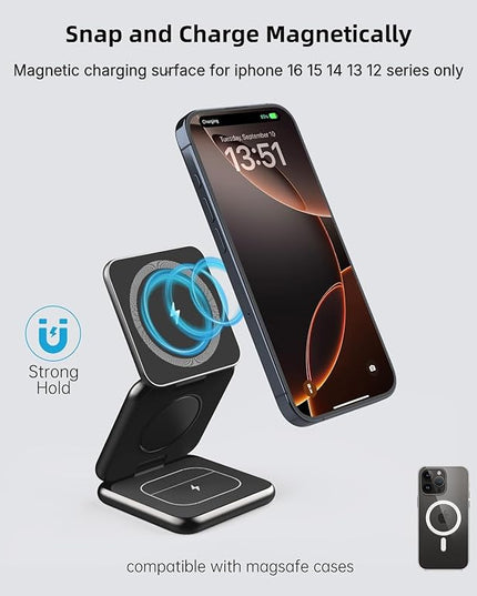 Foldable Magnetic Wireless Charger, KU XIU X40 Aluminum Alloy 3 in 1 Charging Station for Apple, Fast Charging Travel Charger for iPhone 17 16 15 14 13 12, 5W for Apple Watch & AirPods, Black