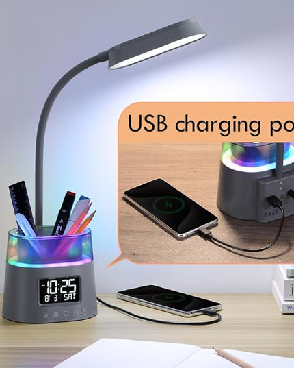 WILIT LED Desk Lamp for College Dorm Room Essentials, Students Study Lamp with Charging Station, Pen Holder, Clock & RGB Night Light, Office Desk Accessories, Table Lamp for Bedroom - Gray
