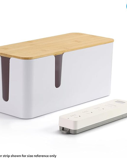 ZhiYo Bamboo Lid Cord Organizer Box, Safe ABS Cable Management Box for TV and Computer, Wood Cover Cord Hider to Hide Wires, Router, USB Hub & Under Desk Power Strip, 1 Pack L13.1 xW5.6 xH5.6 White