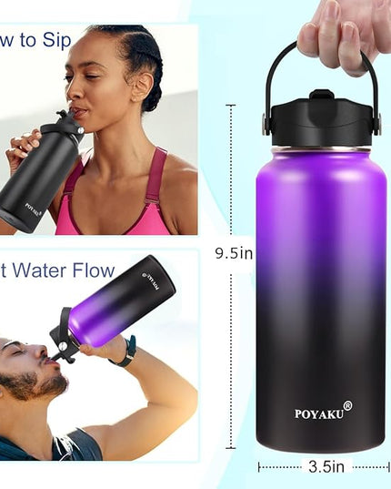 Water Bottle Insulated 32oz 40oz 64oz 128oz Straw Lid Spout Lid & 3 Lids, Leak Proof, Vacuum Insulated,Stainless Steel Water Bottle Wide Mouth for Sports, Gym or Office