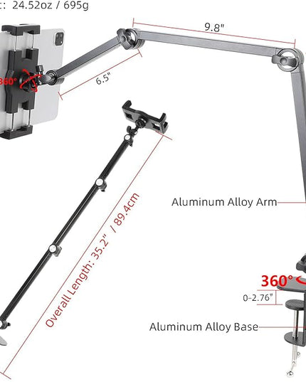 ZUZUXI Tablet Stand Holder for Desk and Bed, Adjustable Aluminum Foldable Arm iPad Mount Clamp on Table Compatible with iPad Air Mini, Galaxy Tabs, 4.7-12.9" Tablets and Phones