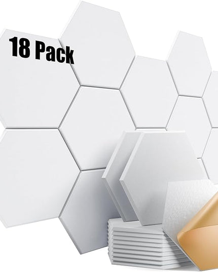 18 Pack Self-Adhesive Acoustic Panels 12" X 10" X 0.4" - Sound Proof Foam Panels for Wall with High Density, Hexagon Design, Flame Resistant, Absorb Noise and Eliminate Echoes(White)