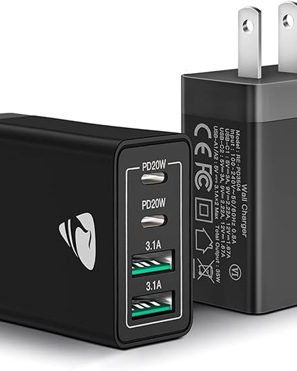[2-Pack] USB C Wall Charger Block, Aiminu 40W 4-Port Fast Charging Block Dual Port QC+PD Power Brick Multiport Type C Charger Plug Adapter for iPhone 15 14 13 12 11 Pro Max XS XR SE 8 Plus, Samsung
