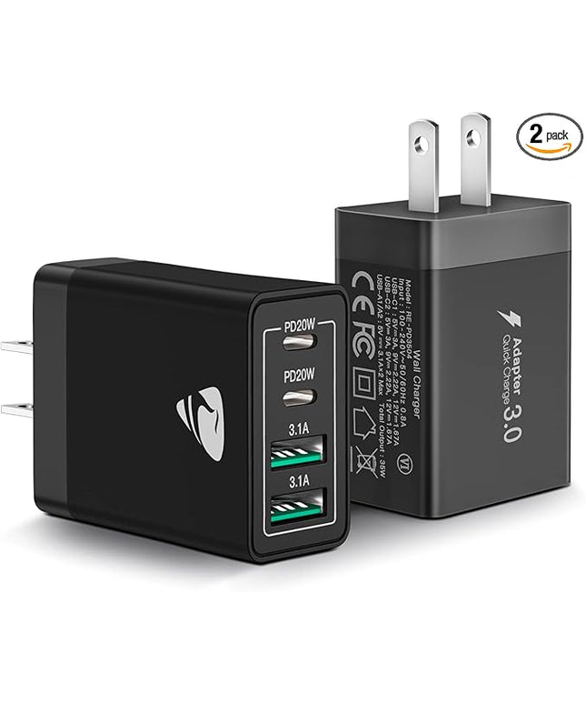 [2-Pack] USB C Wall Charger Block, Aiminu 40W 4-Port Fast Charging Block Dual Port QC+PD Power Brick Multiport Type C Charger Plug Adapter for iPhone 15 14 13 12 11 Pro Max XS XR SE 8 Plus, Samsung