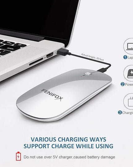 FENIFOX Wireless Bluetooth Mouse, Ultra-Thin Flat and Slim Silent USB-C Rechargeable Travel Mini Portable Mouse for Mac iPad Laptop MacBook Tablet Chromebook - White and Silver