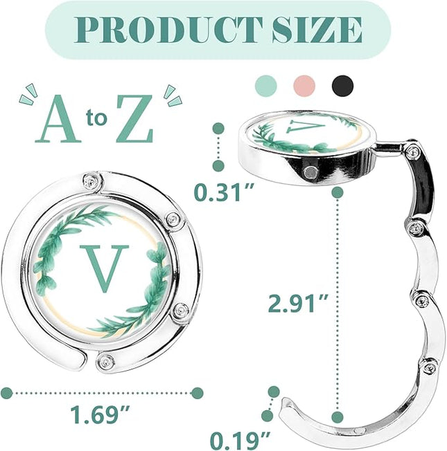 Iqimott 3pcs Personalized Initial Foldable Purse Hook for Table, Flower Letter Folding Handbag Hanger Portable Magnet Table Hook Holder, Collection Desk Purse Hooks for Women Bag (Green-V)