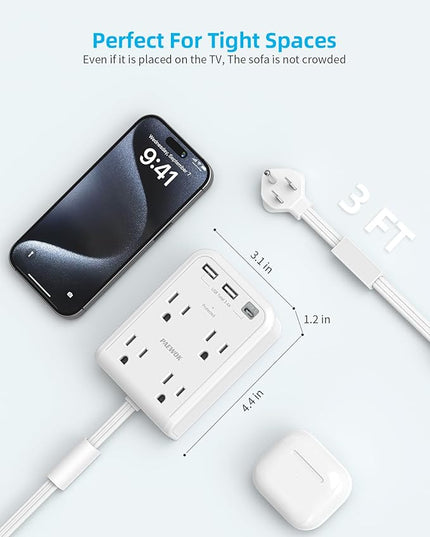 Short Power Strip 3FT - Outlet Extender Stick with 4AC Outlet and 3 USB Ports(1 Type C), Flat Wall Extension Cord with Multiple Outlets Small Surge Protector for Home Office Dorm, White