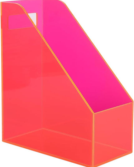 Acrylic Magazine Rack Desk File Holder Organizer for Office Desktop Vertical Magazine Storage Box, 12 x 10 x 5'', Neon Pink
