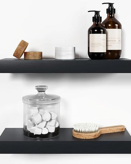 Homeforia Black Floating Shelf 18 inch, High End Solid Real Wood 18inch Bathroom Floating Shelves for Wall Mounted, Black Wooden 18in Floating Shelves, Heavy Duty Bracket, 18 X 6.5 X 1.75 in, Set of 3