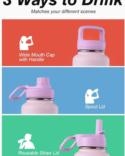 Coolflask Water Bottle 32 oz Insulated with Straw, Stainless Steel Metal 3 Lids Water Flask Wide Mouth for Sports or Office, Non-BPA Keep Cold Up to 48 Hrs or Hot Up to 24 Hrs, Pink