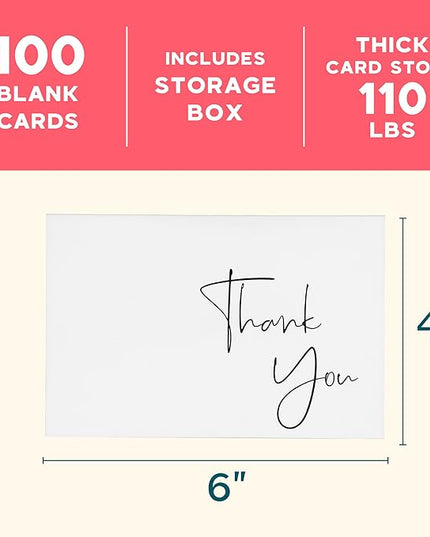 VNS Creations Thank You Cards With Envelopes Bulk Set & Stickers - 100 Pack 4x6 Blank Thank You Notes Bulk Box Set - Large Note Card Small Business, Wedding, Baby Shower & Bridal Shower - White