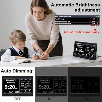 2025 Digital Clock with Auto Time Sync, Weather Forecast, Perpetual Calendar, Photo Frame, Temperature/Humidity Sensor & Custom Alarms - Large Display (Black, 10.1 inch)
