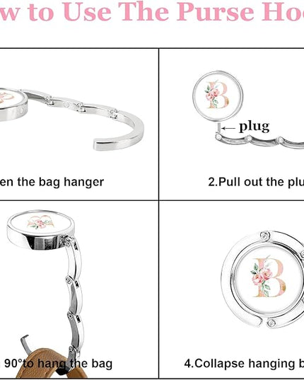 XSUIOY 3Pcs Personalized Initial Foldable Purse Hook for Table,Crushed Flower Letters Folding Purse Hanger,Purse Holder Handbag Hanger Collection Desk Table Bag Hooks Gifts for Women Bag(Pink-K)