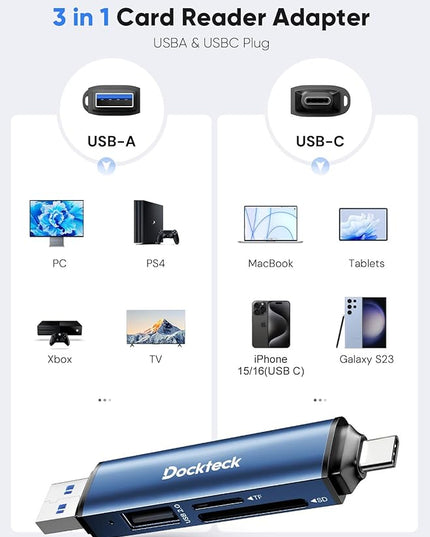 Dockteck SD Card Reader Adapter, 5G Super Speed USB3.0 SD/TF Card Reader, 3-Slot USB A/C to SD/Micro SD/USB A Memory Card Reader for UHS-I SD/Micro SD/SDHC/SDXC/MMC, with OTG for Plug&Play