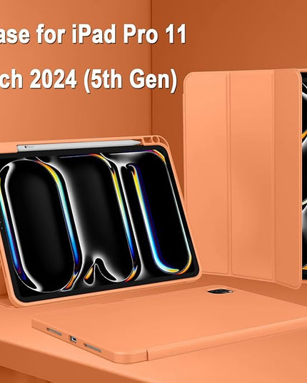 ZryXal iPad Pro 11 Inch Case (M5) 2025/ (M4) 2024 (Model: A2836/A2837/A3006), Trifold Stand Smart Cover with Pencil Holder and Soft TPU Back, Auto Wake/Sleep (Orange)