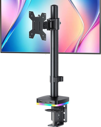 RGB Single Monitor Desk Mount, Monitor Arm with 3 USB Ports, Charging and USB Data Transfer Function, Desk Mount for 13"-27" Monitors up to 17.6lbs, Adjustable Height, Tilt, Swivel, Rotate
