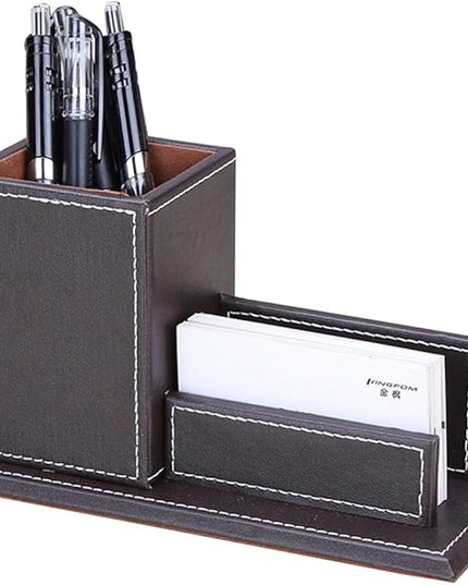 KINGFOM PU Leather Desk Organizer and Accessories, Pencil Holder for Desk with Business Cards Stand, School Office Supplies Collection Caddy Brown