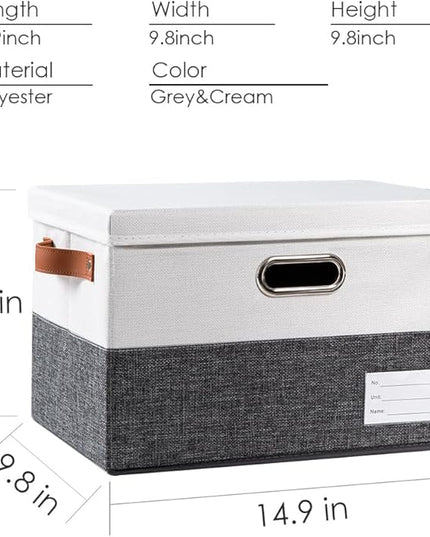 PRANDOM Foldable Storage Bins with Lids [3-Pack] Fabric Collapsible Storage Boxes Baskets Cubes Containers with Handles for Closet Living Room Bedroom (Grey & White 14.9x9.8x9.8'')