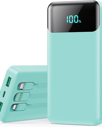 Portable Charger 40800mAh Power Bank with 3 Built-in Cables,PD 25W USB C in&Out Power Bank Fast Phone Charging,QC4.0 5 Outputs Travel Camping Essential Battery Pack for iPhone 17/16,Samsung etc-Green