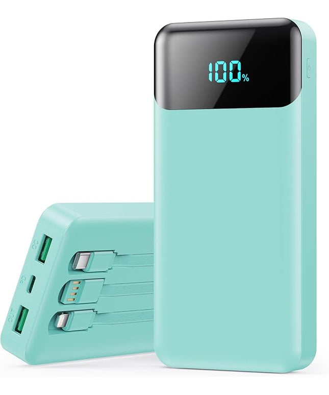 Portable Charger 40800mAh Power Bank with 3 Built-in Cables,PD 25W USB C in&Out Power Bank Fast Phone Charging,QC4.0 5 Outputs Travel Camping Essential Battery Pack for iPhone 17/16,Samsung etc-Green