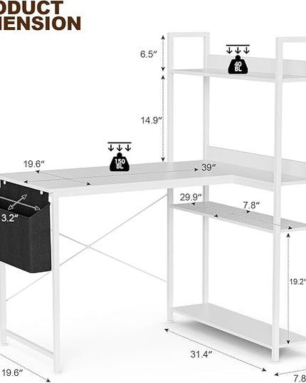 Grandder 47 Inch L Shaped Computer Desk with Reversible Storage Shelves, Home Office Corner Desk Study Writing Table with Hutch, Study, White