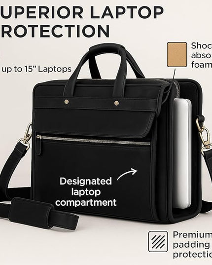 Luxorro Full Grain Leather Briefcase for Men, Top Choice Gifts for Men, Handcrafted Leather Laptop Bag with Multiple Compartments and Brass Hardware, Fits 15.6 Inch Laptop