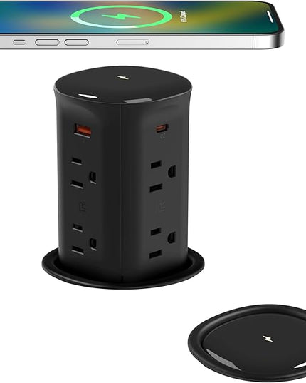Jgstkcity Pop up Outlet for Countertop,65W USB C Fast Charging,15W Wireless Charger,13-in-1 Kitchen Island Electrical Power Station,4 USB,8 Outlets,15A Surge Protector,3.15'' Hole,ETL Listed,Black