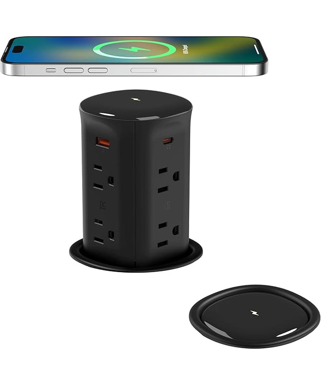 Jgstkcity Pop up Outlet for Countertop,65W USB C Fast Charging,15W Wireless Charger,13-in-1 Kitchen Island Electrical Power Station,4 USB,8 Outlets,15A Surge Protector,3.15'' Hole,ETL Listed,Black