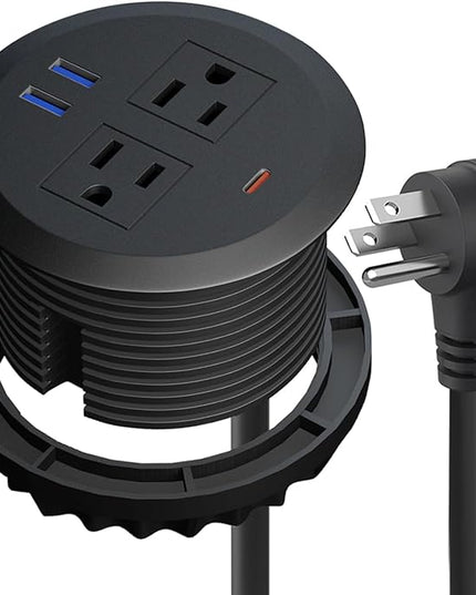Desktop Power Grommet - 3-inch PD30W USB C Desk Fast Charging Station,3-USB Port,Flush Mounted for 3-1/8" Desk Grommet Holes,Round Recessed Power Outlet,ETL-Certified,6.3 ft Cord,Black