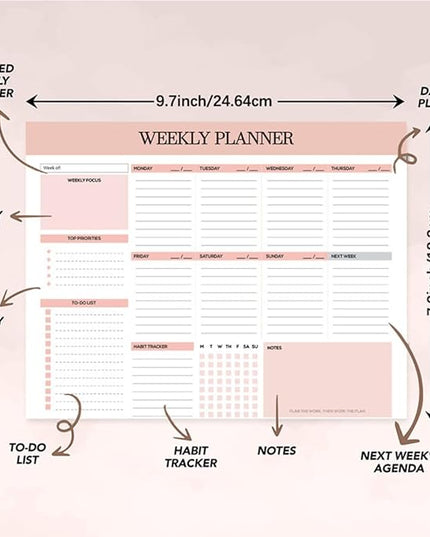 Weekly Planner, 52 Pages Undated Daily List Schedule Notebook Time Management Memo Pad for Office, Home Planning & School Scheduling (Pattern-A)